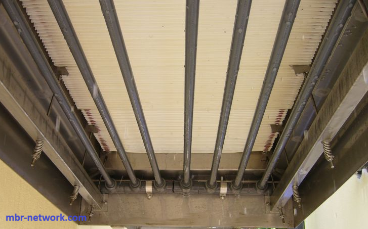 Continuous coarse-bubble air scouring beneath submerged MBR membrane modules.